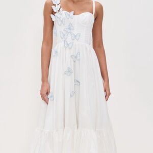 PatBO White Midi Dress with Blue Butterfly Details